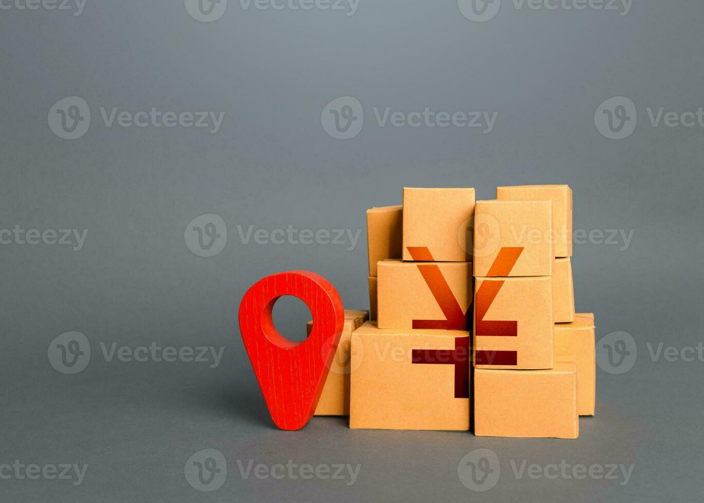 Boxes with chinese yuan or japanese yen symbol and red location pin. Import export. Domestic manufacturer. Supply distribution of goods. Transportation delivering logistics, management. Trade in goods photo