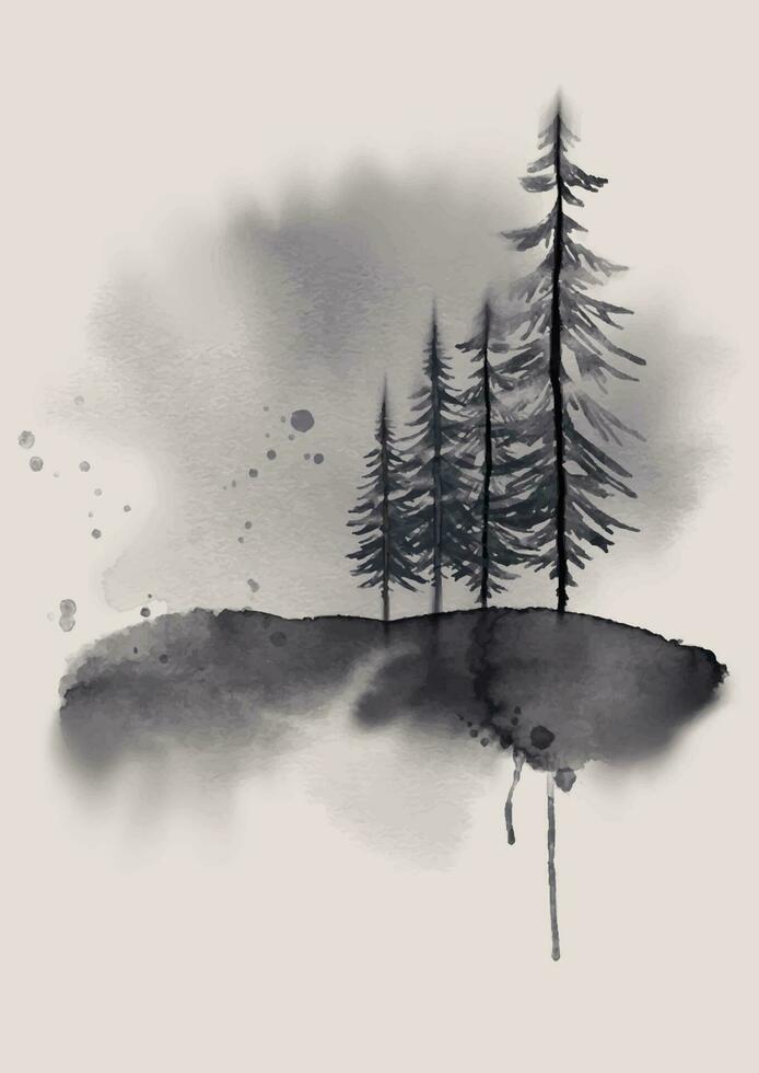 Grunge style hand painted watercolour tree landscape vector