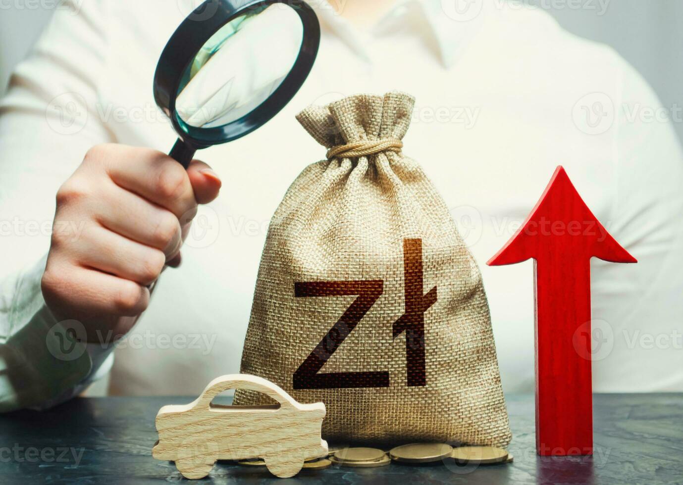 A woman inspects a polish zloty money bag and a car. Expensive car maintenance. Rise of fuel excise taxes. Growing sales. Electric vehicle support subsidies. High price of insurance. Increase prices photo
