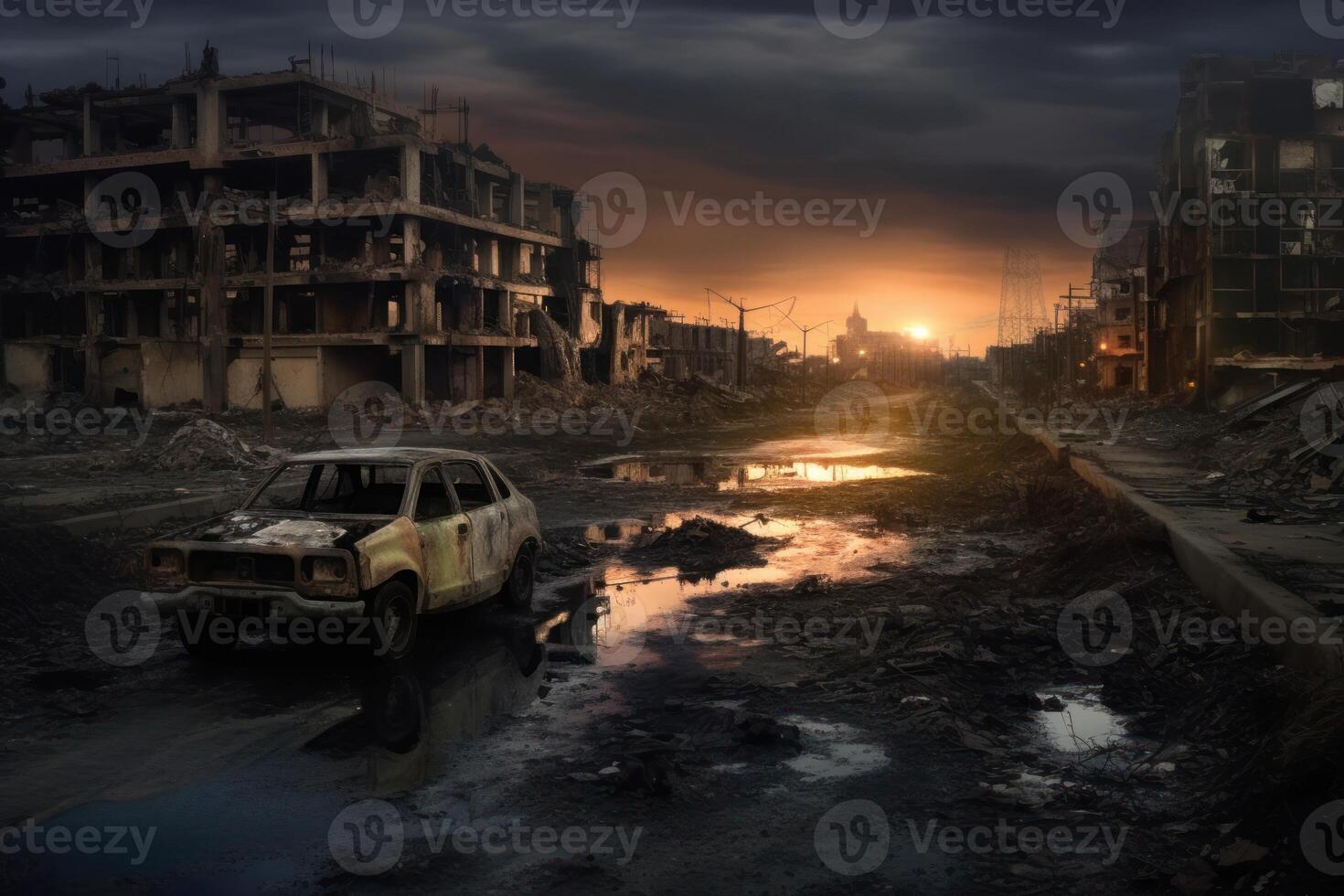 Hyperrealism dark abandoned city dirt trash everywhere background photo