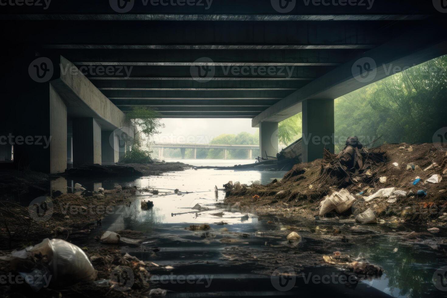 ai generado orgánico basura en el río debajo puente antecedentes foto