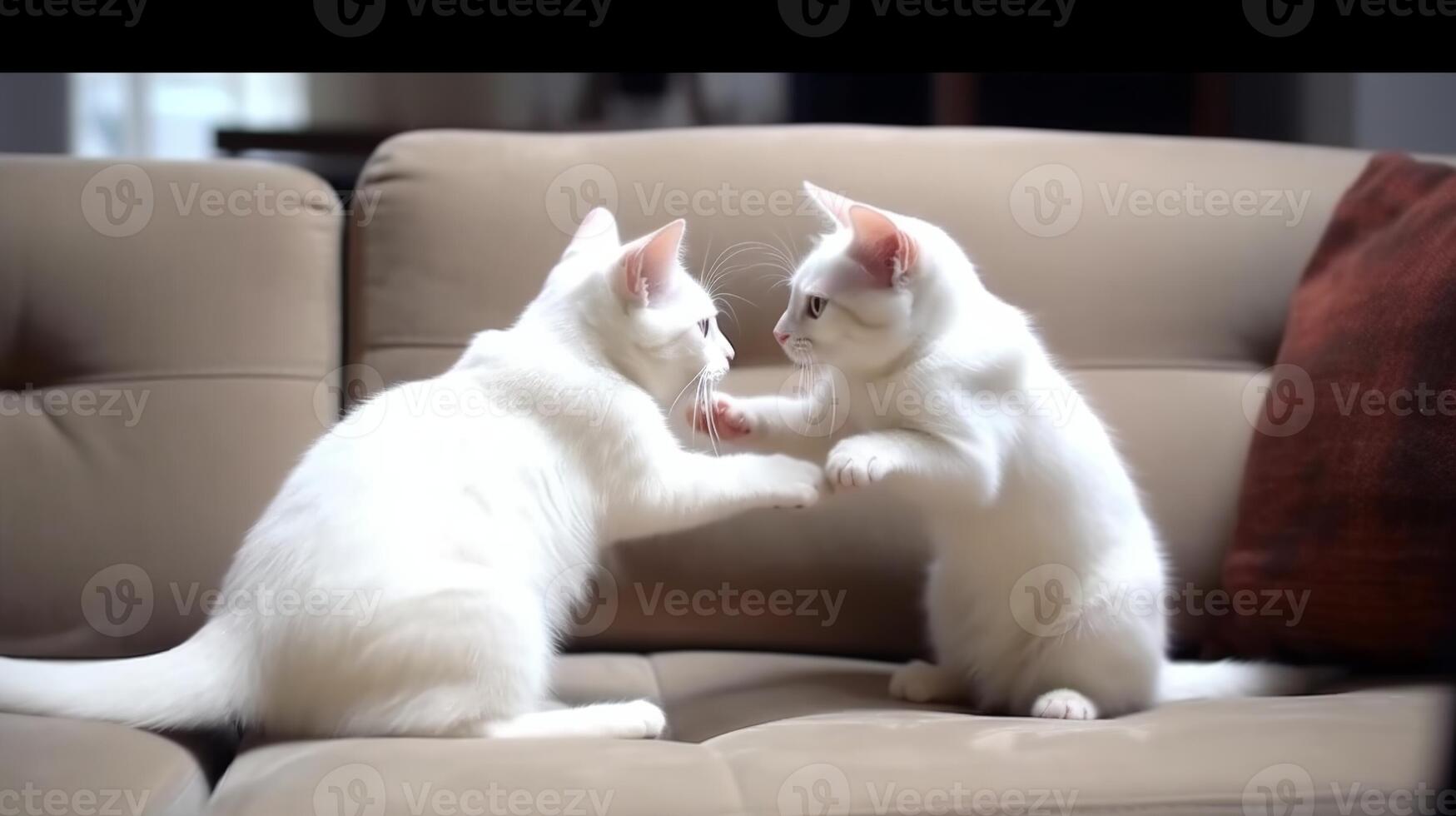 cat playing together on long sofa photo