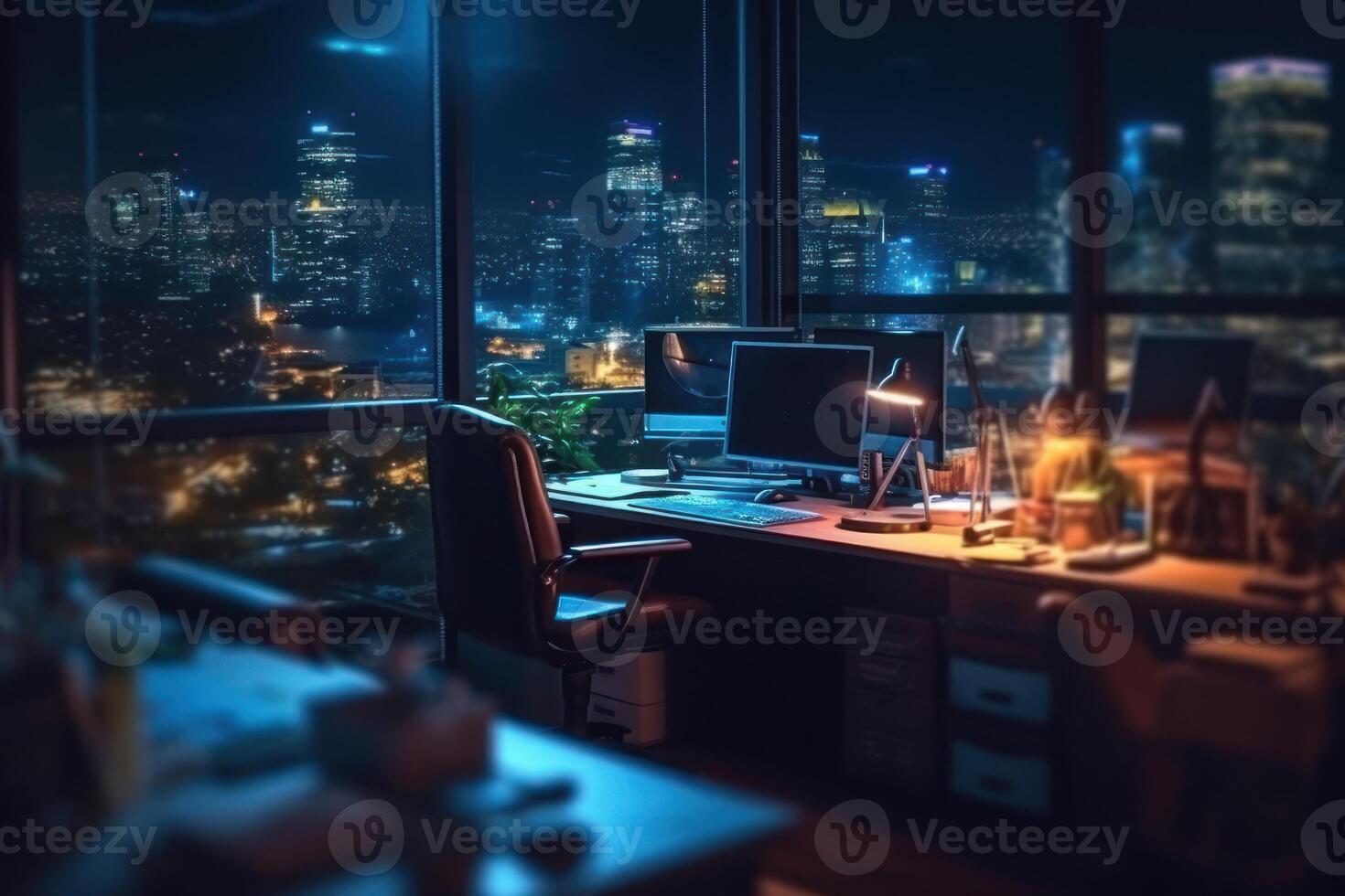 Blurred office workspace in the night view background photo