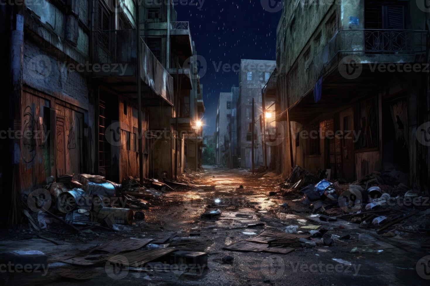 Hyperrealism dark abandoned city dirt trash everywhere background photo