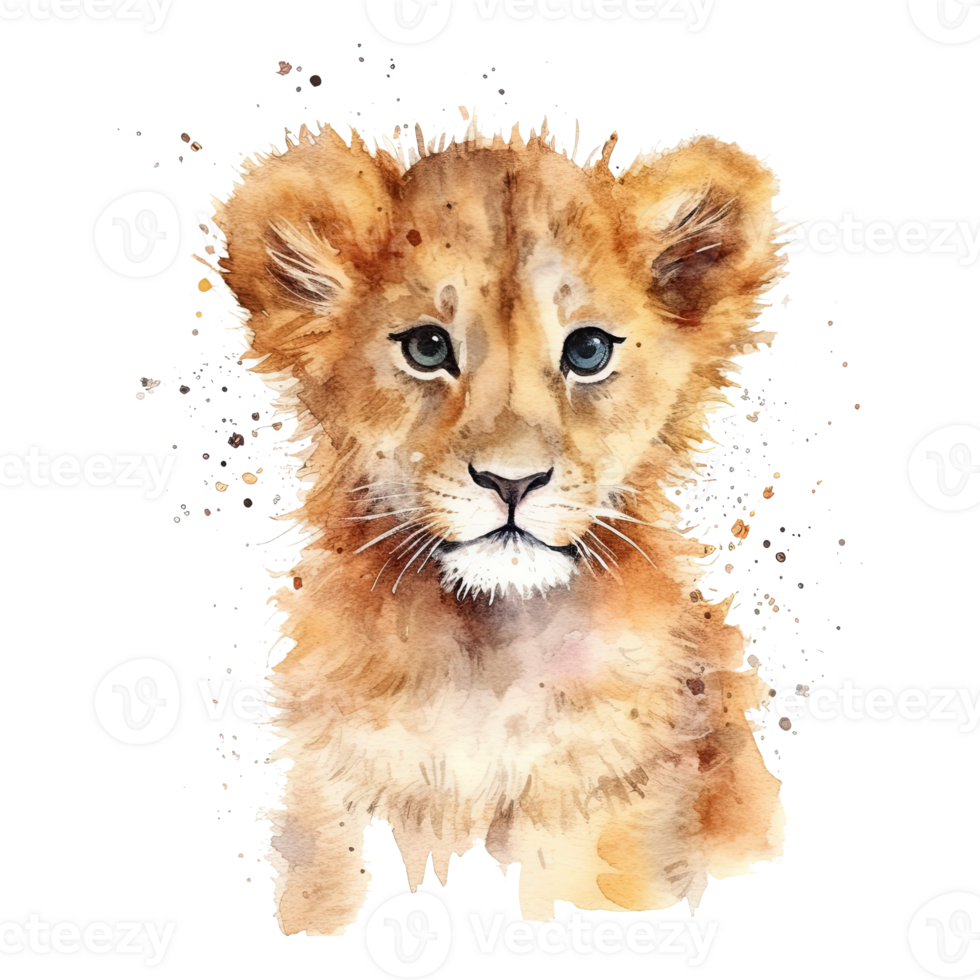 Watercolor little lion isolated on transparent background. png