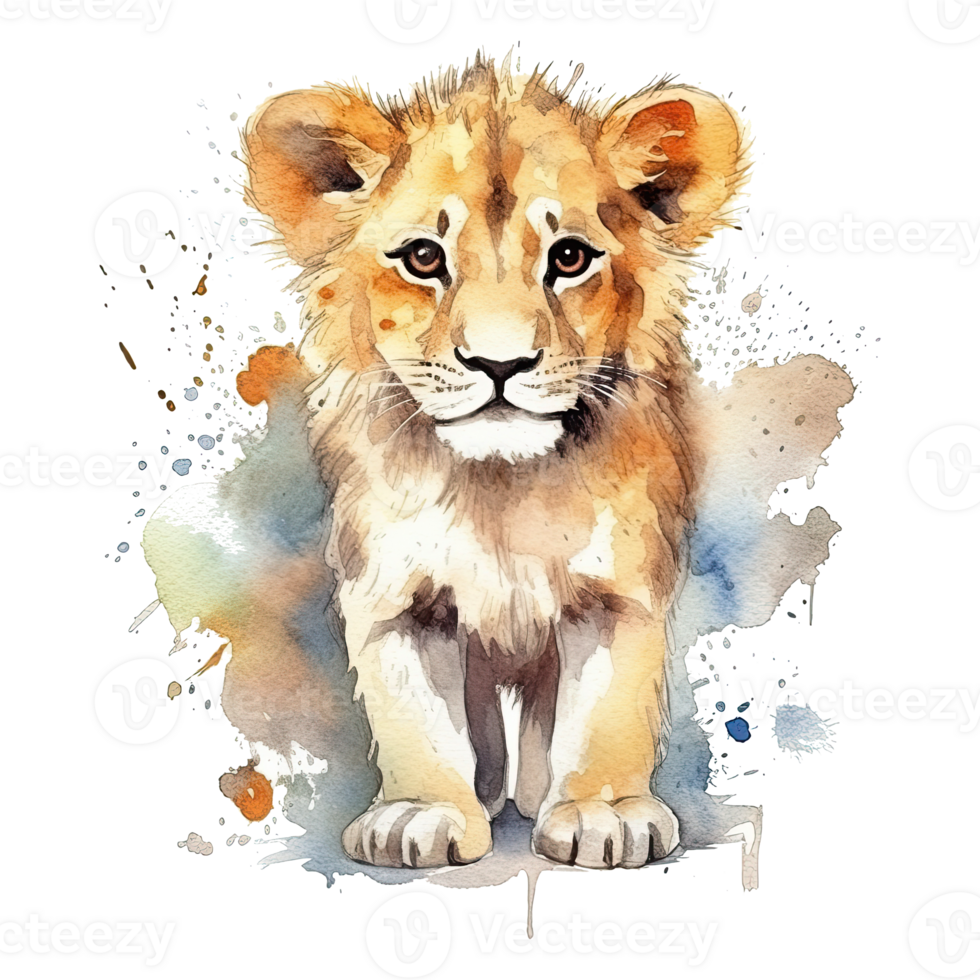 Watercolor little lion isolated on transparent background. png