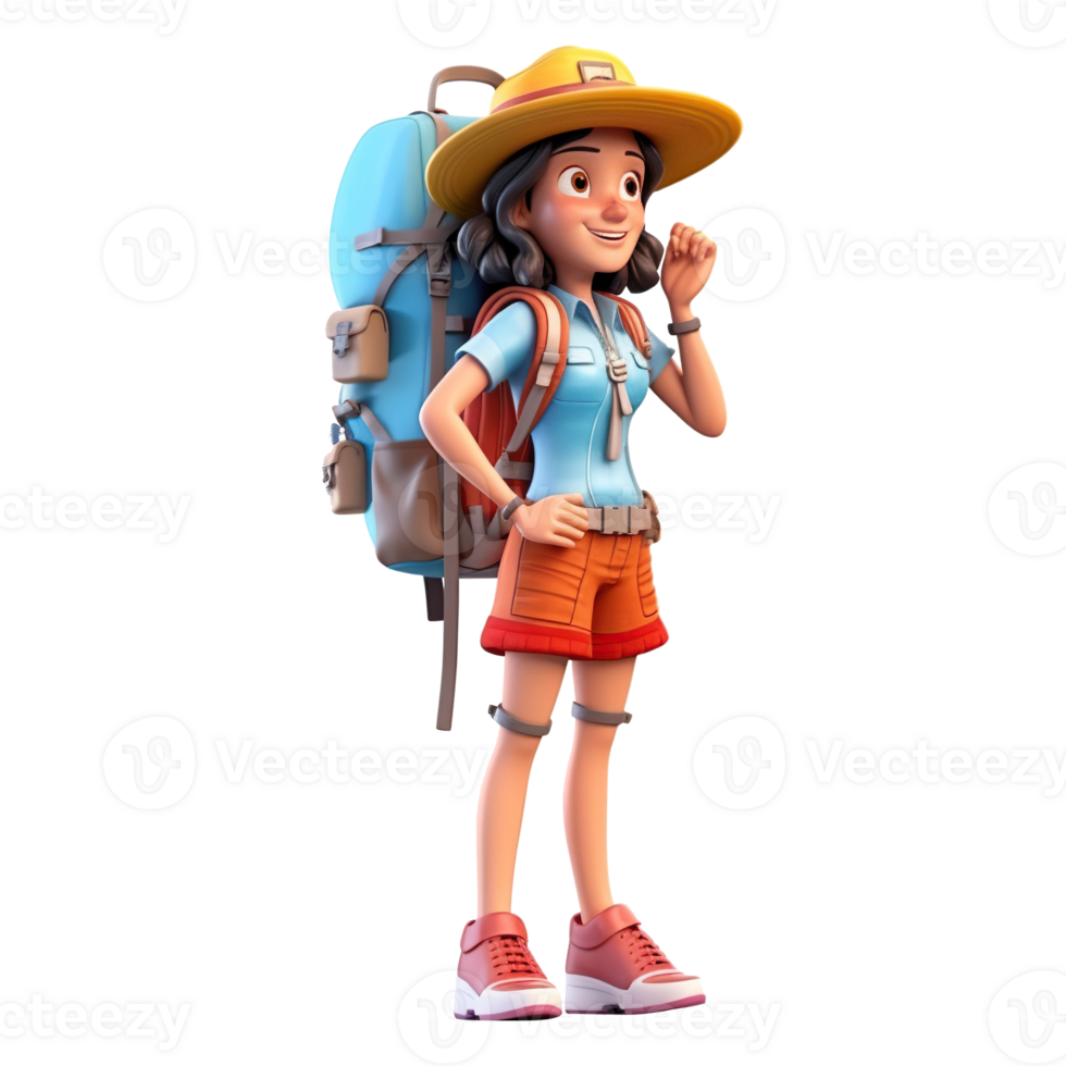 3d cute cartoon backpacker in summer holiday vacation on transparent background. png