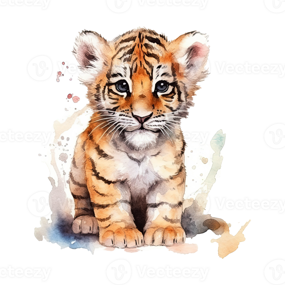 Watercolor little tiger isolated on transparent background. png