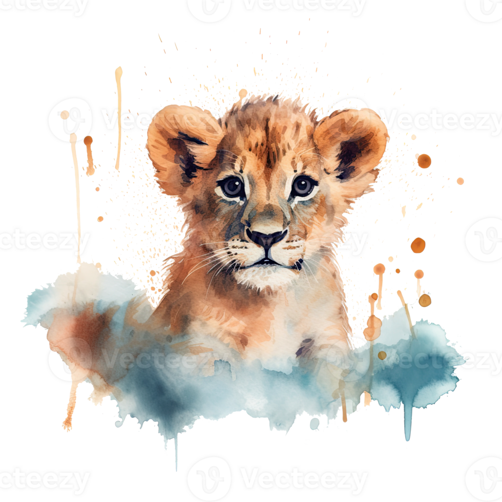 Watercolor little lion isolated on transparent background. png