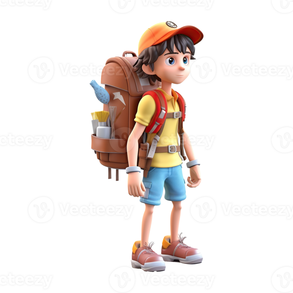 3d cute cartoon backpacker in summer holiday vacation on transparent background. png