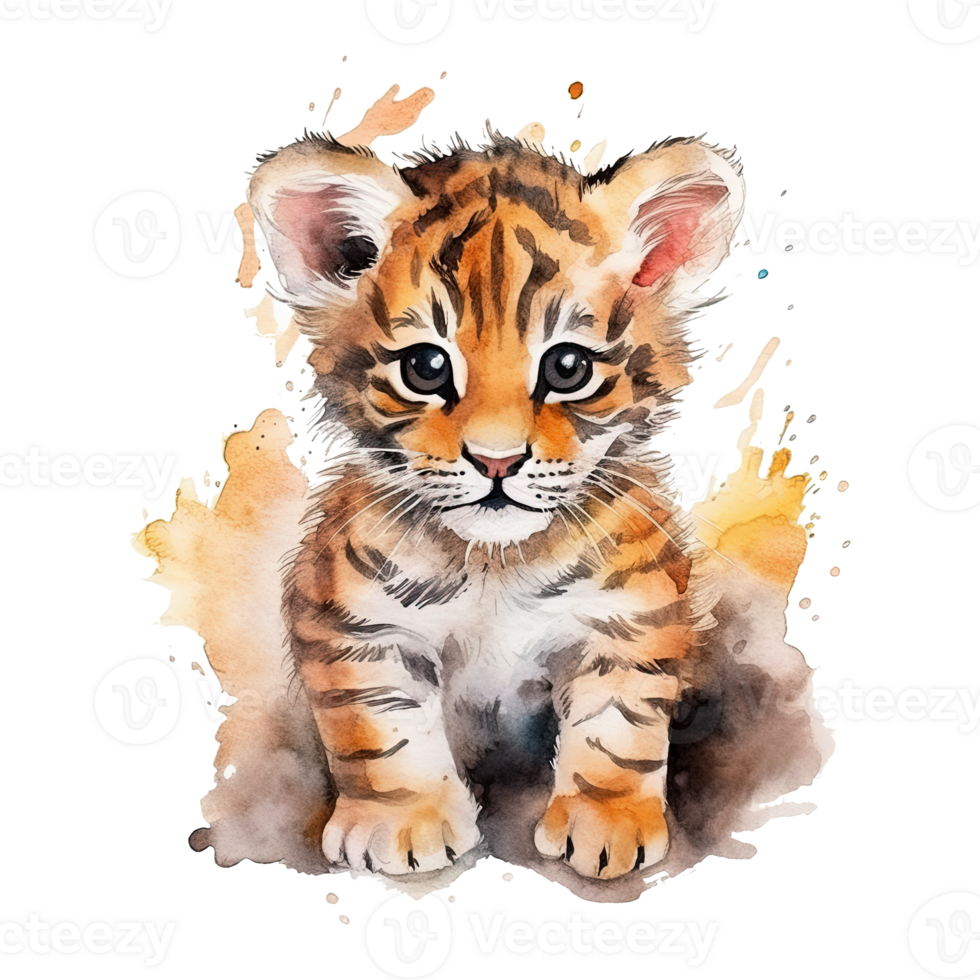 Watercolor little tiger isolated on transparent background. png