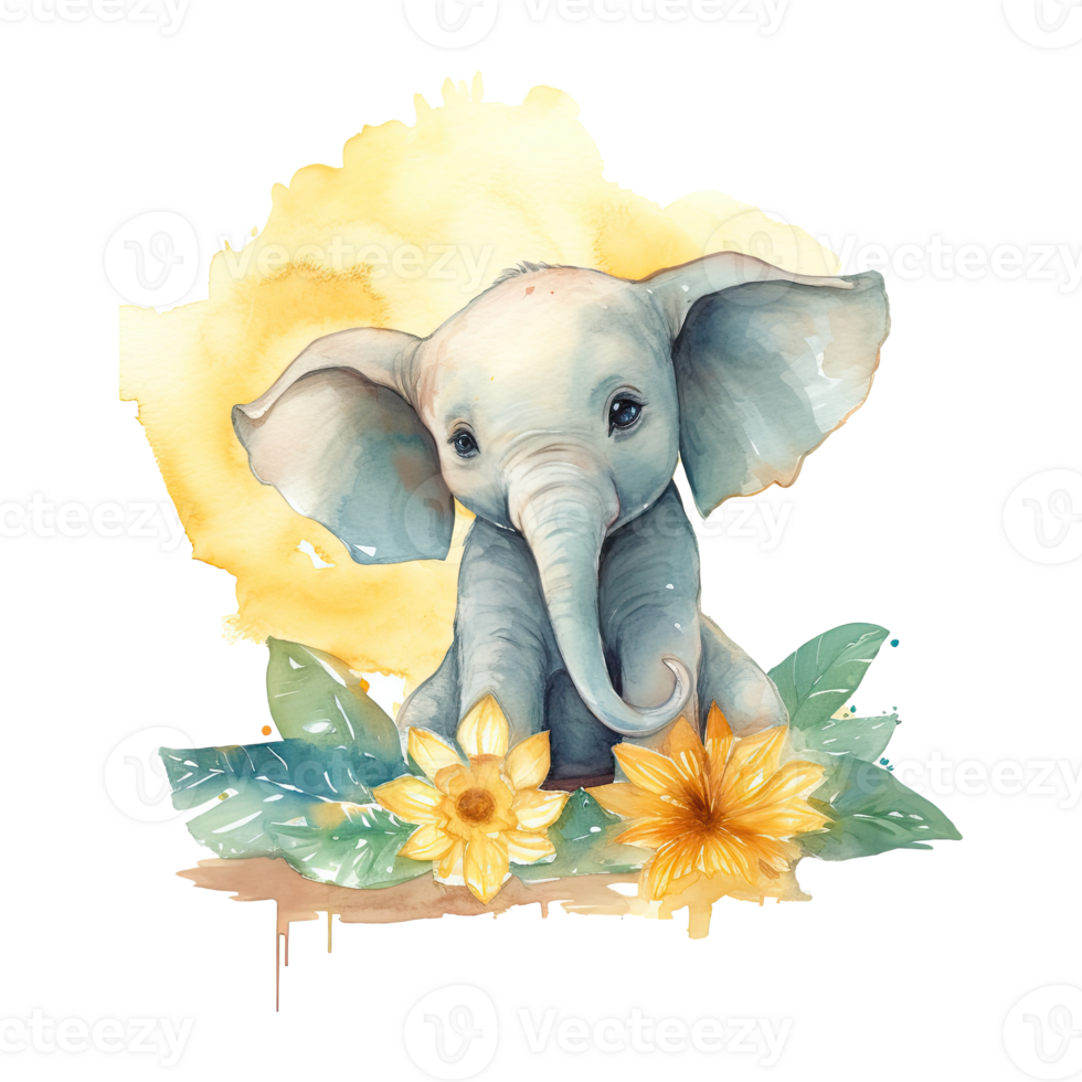 Watercolor little elephant isolated on transparent background. png