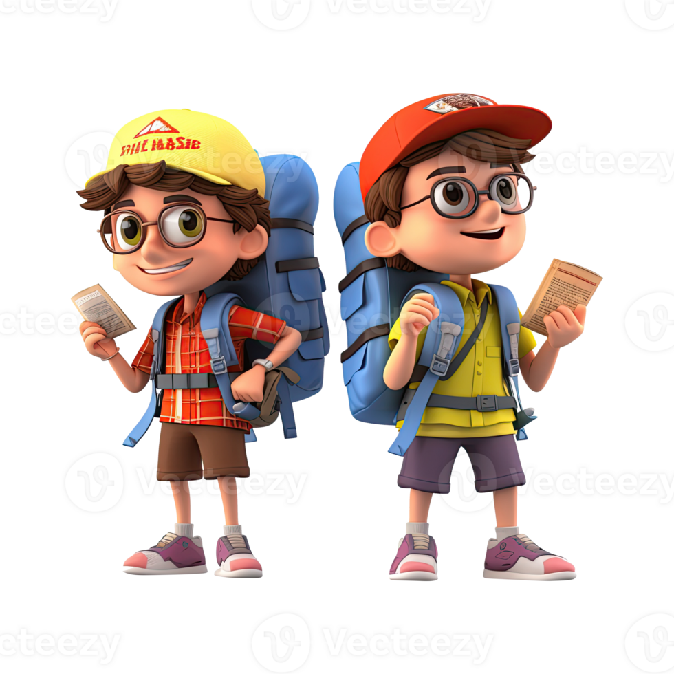3d cute cartoon couple tourist backpacker in summer holiday vacation on transparent background. png