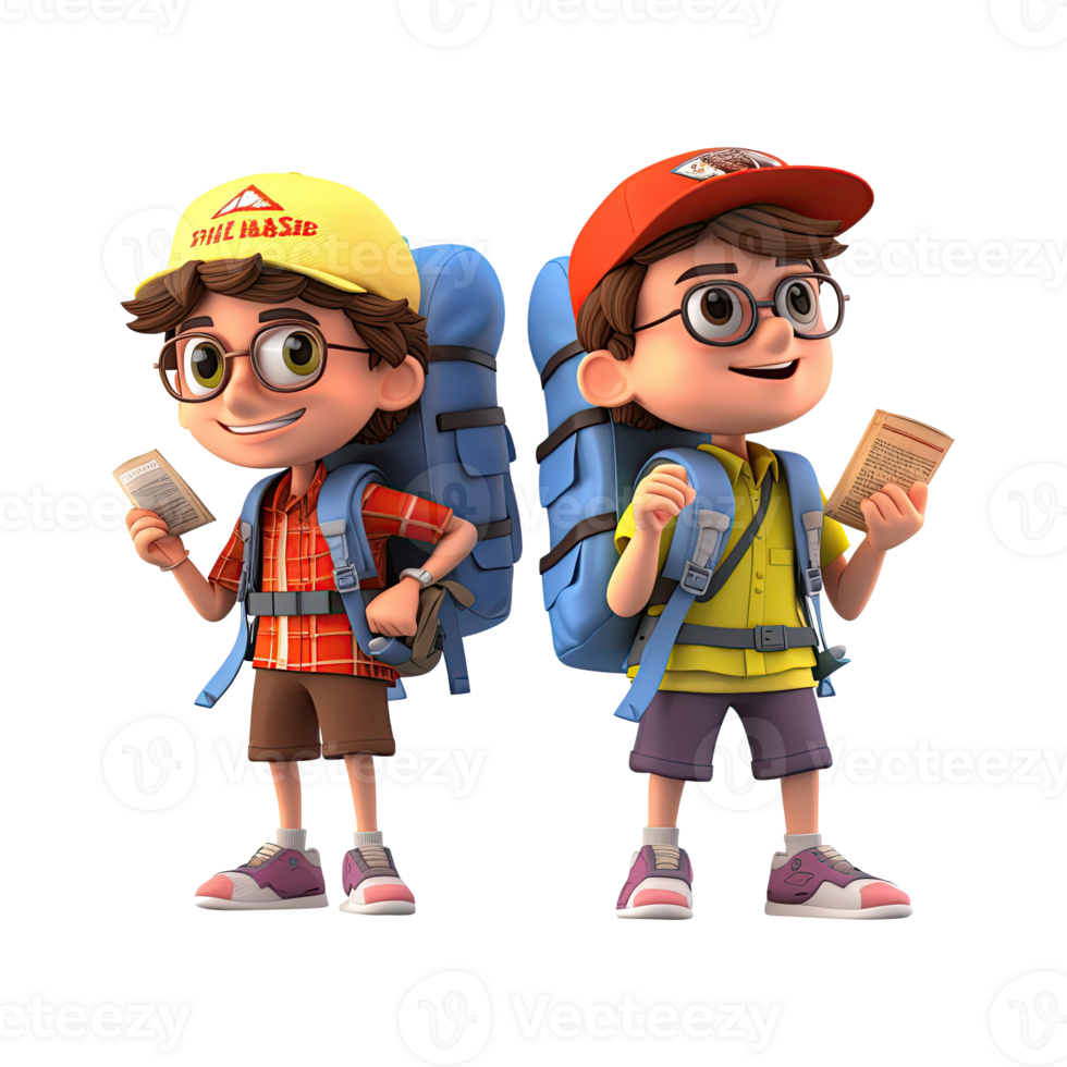 3d cute cartoon couple tourist backpacker in summer holiday vacation on transparent background. png