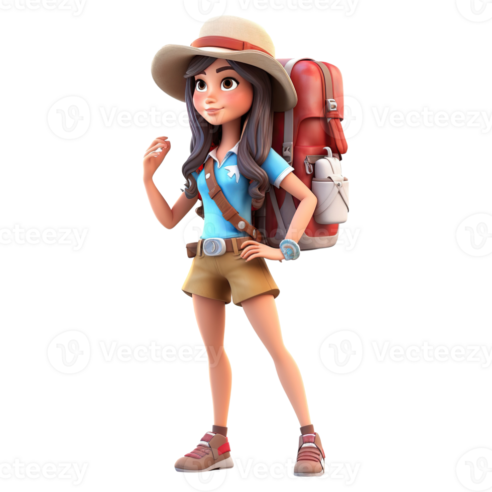 3d cute cartoon backpacker in summer holiday vacation on transparent background. png