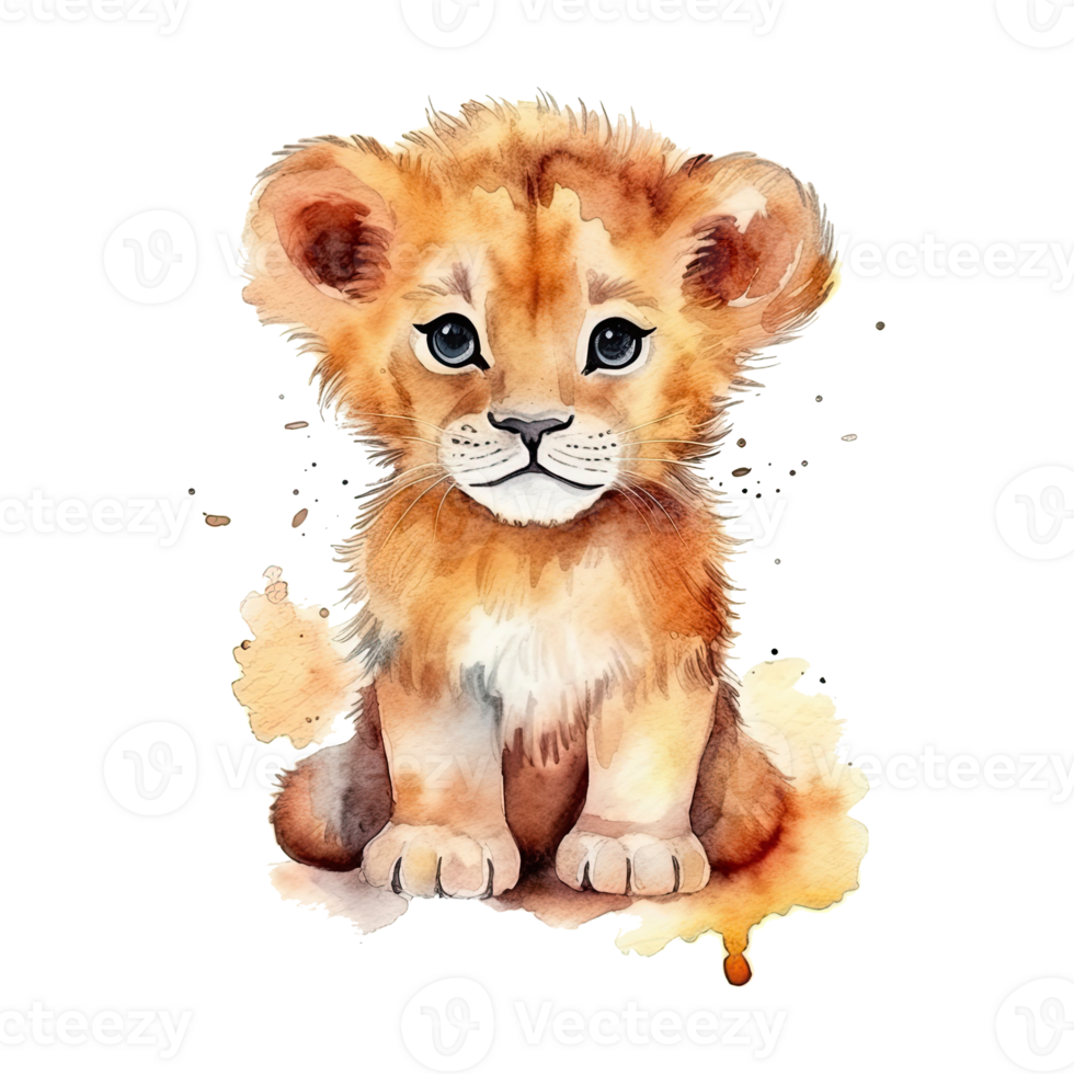 Watercolor little lion isolated on transparent background. png