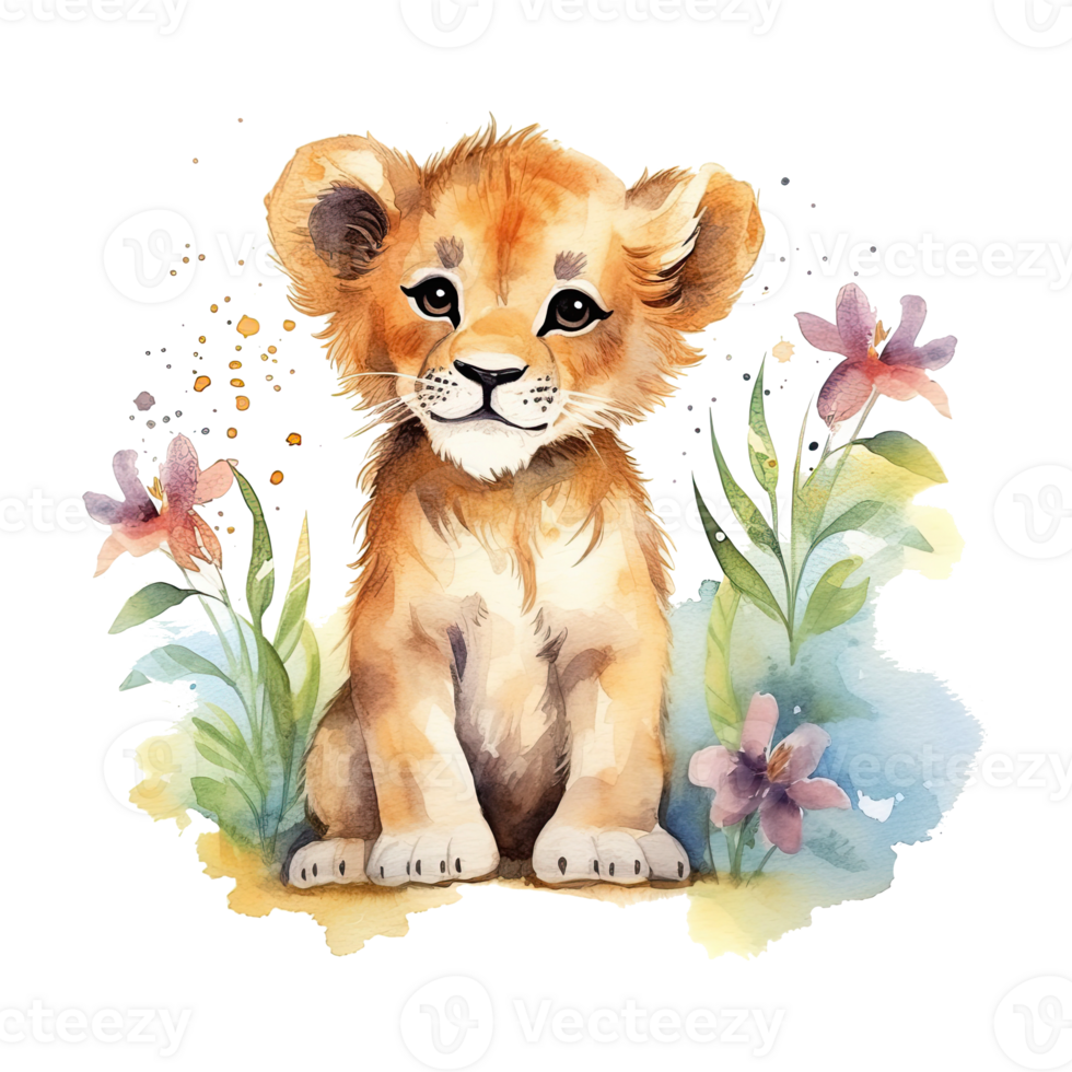 Watercolor little lion isolated on transparent background. png