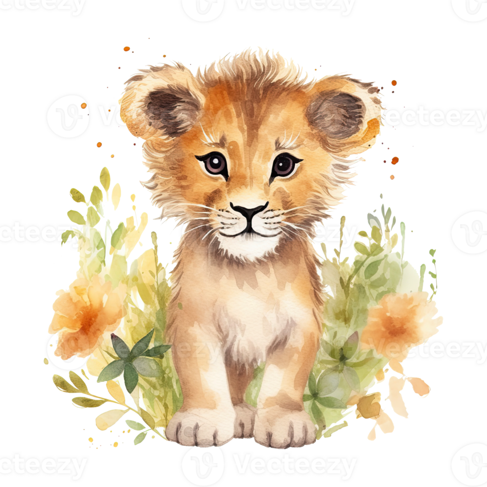 Watercolor little lion isolated on transparent background. png