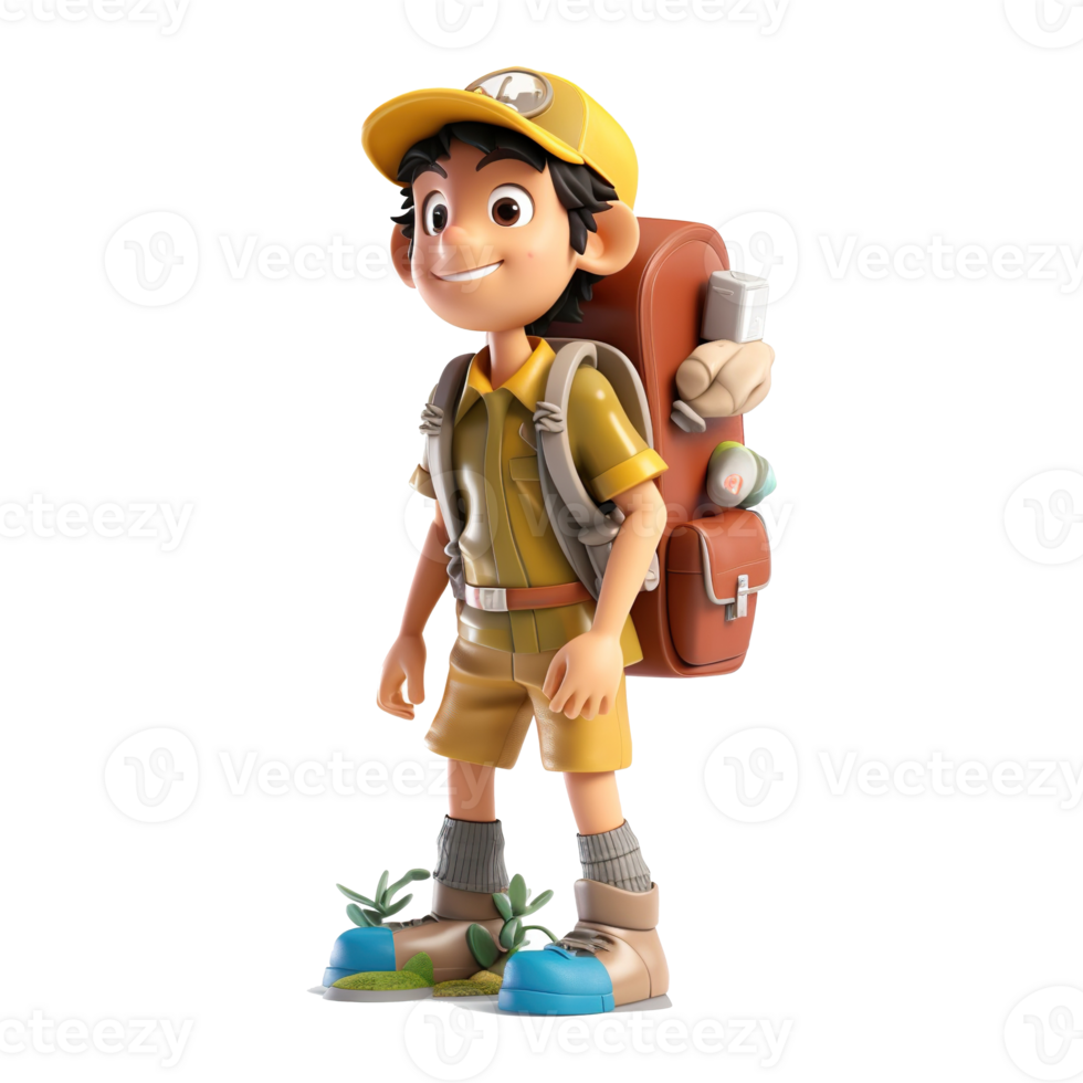 3d cute cartoon backpacker in summer holiday vacation on transparent background. png