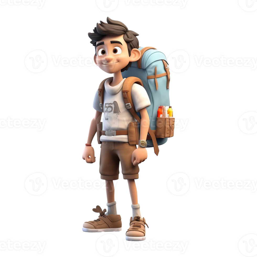 3d cute cartoon backpacker in summer holiday vacation on transparent background. png