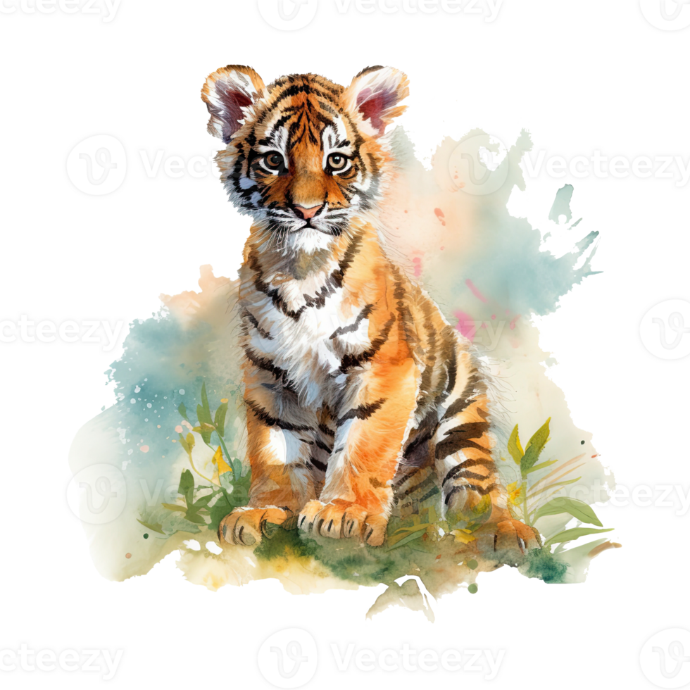 Watercolor little tiger isolated on transparent background. png