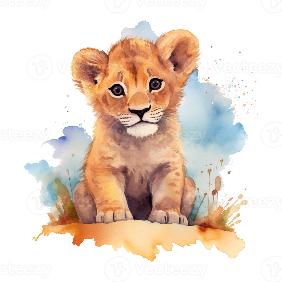 Watercolor little lion isolated on transparent background. png