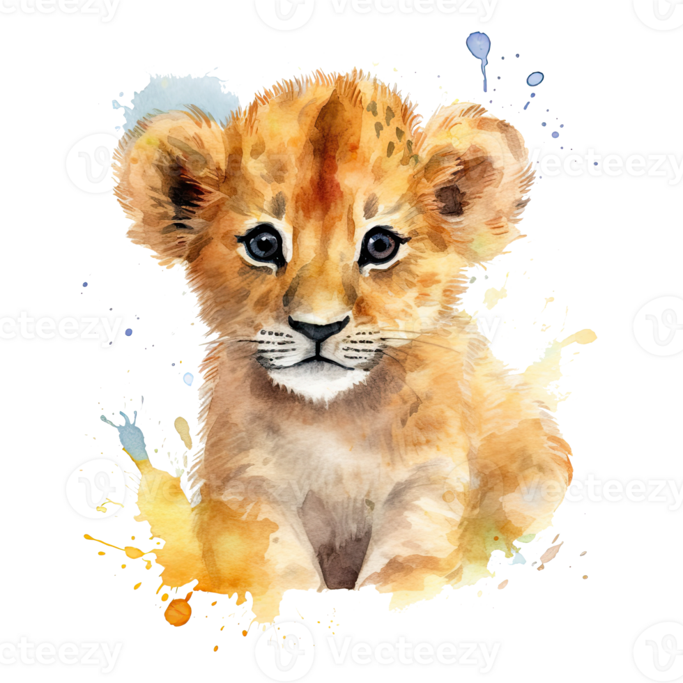 Watercolor little lion isolated on transparent background. png