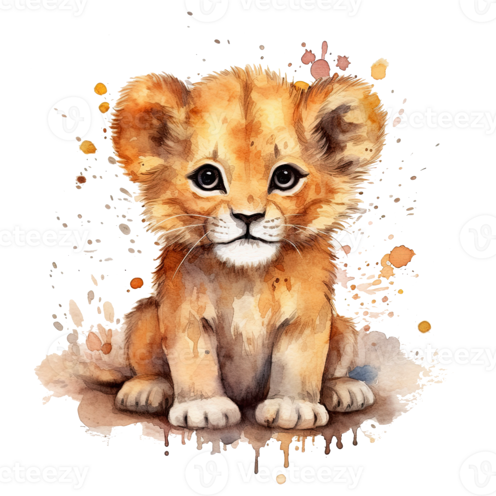 Watercolor little lion isolated on transparent background. png