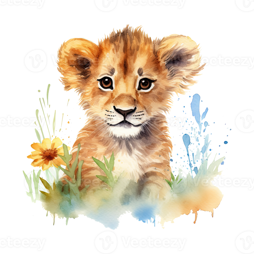 Watercolor little lion isolated on transparent background. png