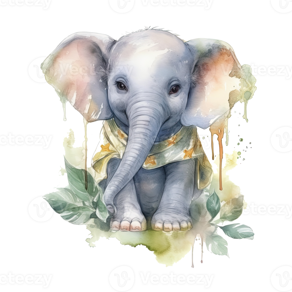 Watercolor little elephant isolated on transparent background. png