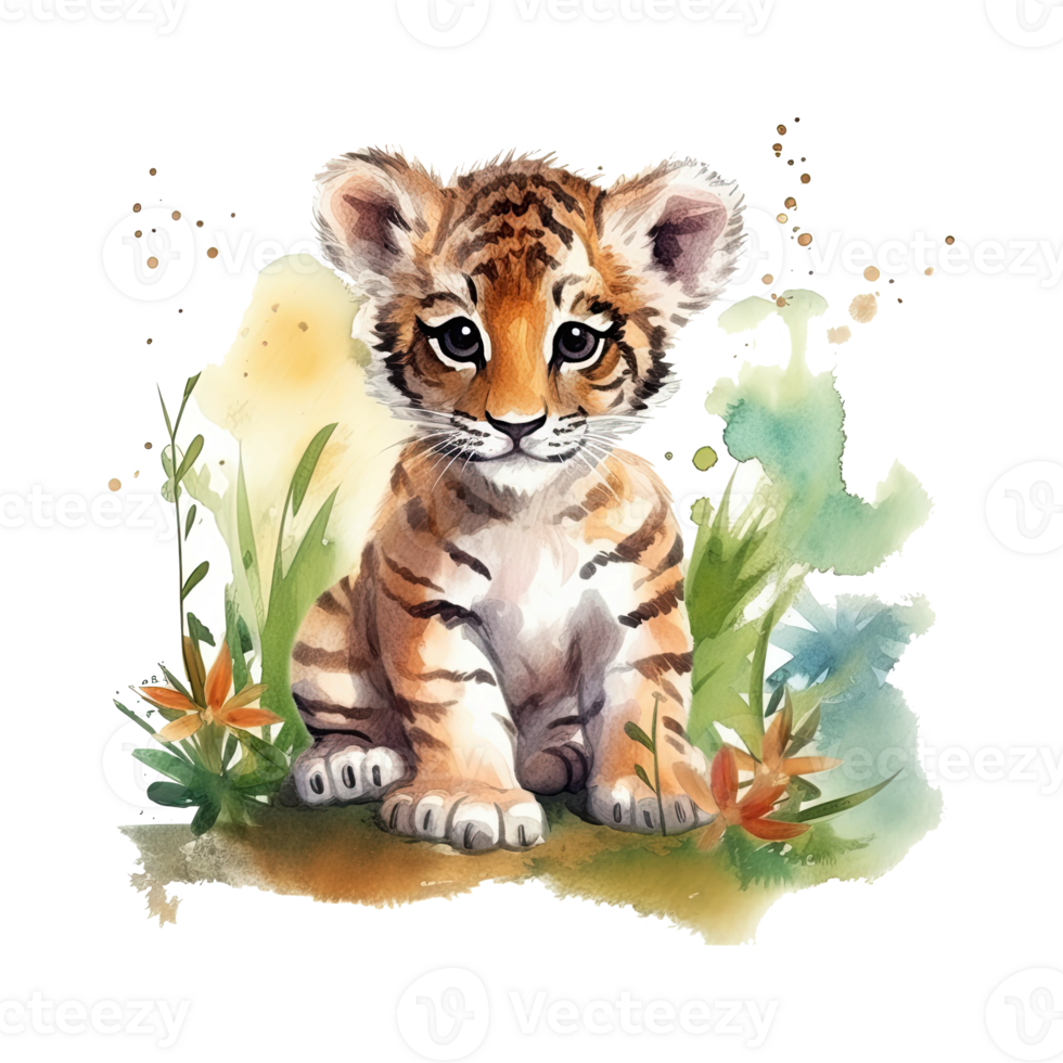 Watercolor little tiger isolated on transparent background. png