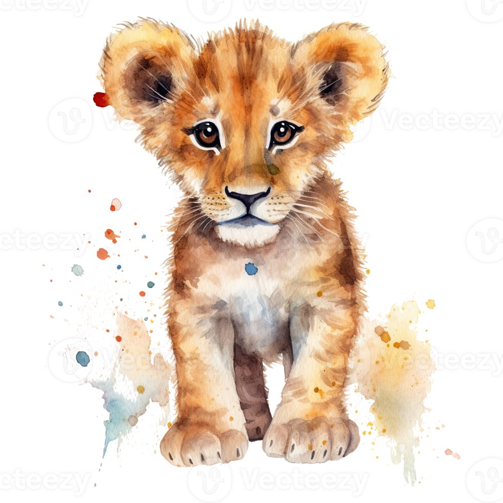 Watercolor little lion isolated on transparent background. png