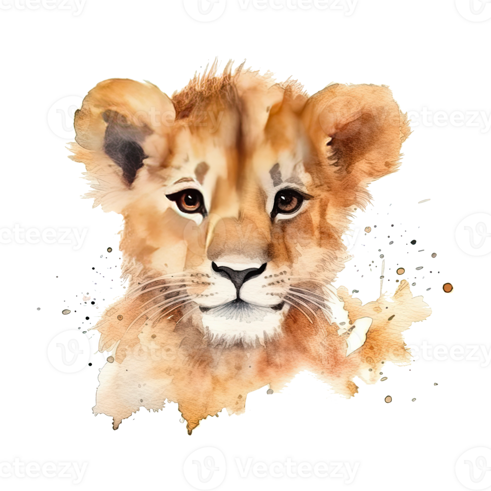 Watercolor little lion isolated on transparent background. png
