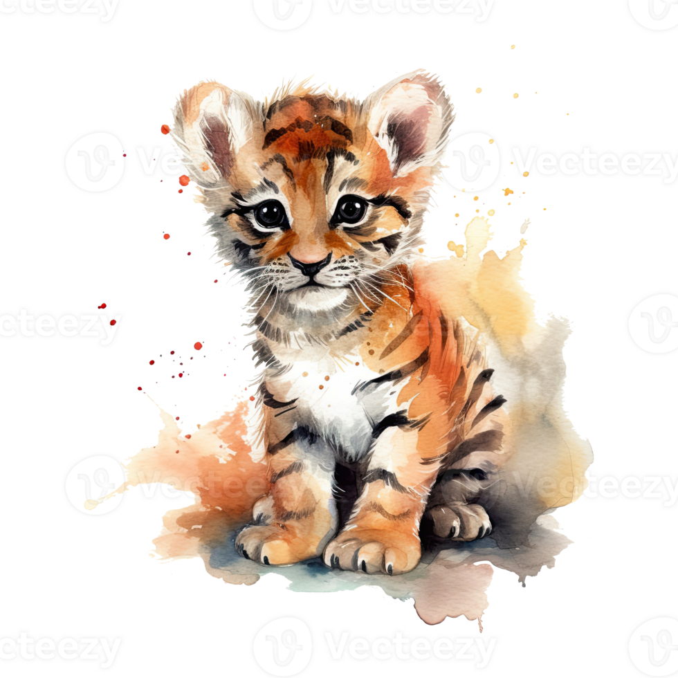 Watercolor little tiger isolated on transparent background. png