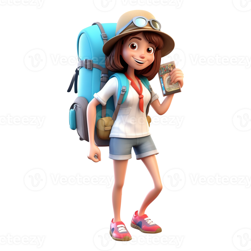 3d cute cartoon backpacker in summer holiday vacation on transparent background. png