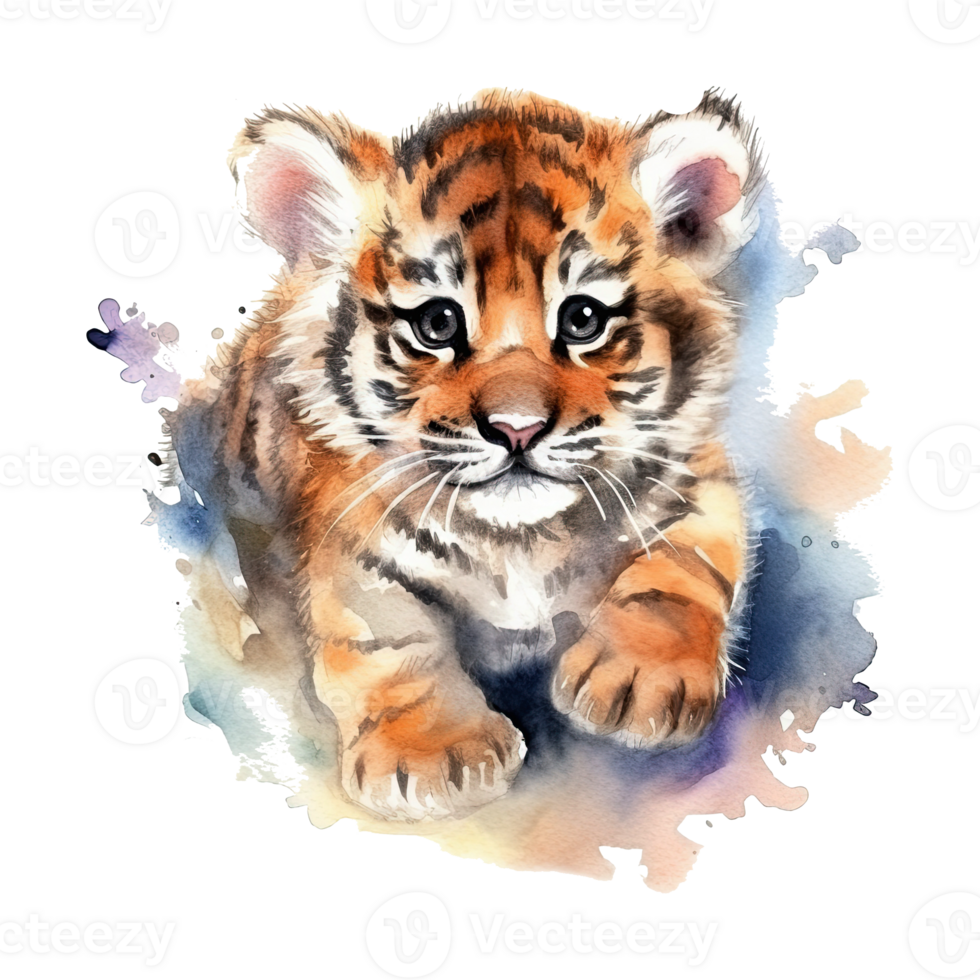 Watercolor little tiger isolated on transparent background. png