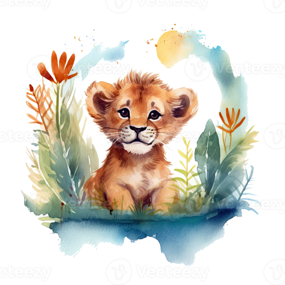 Watercolor little lion isolated on transparent background. png
