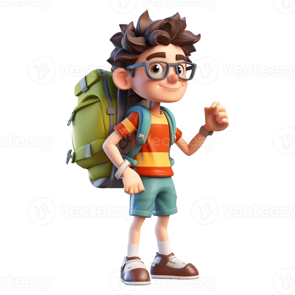 3d cute cartoon backpacker in summer holiday vacation on transparent background. png