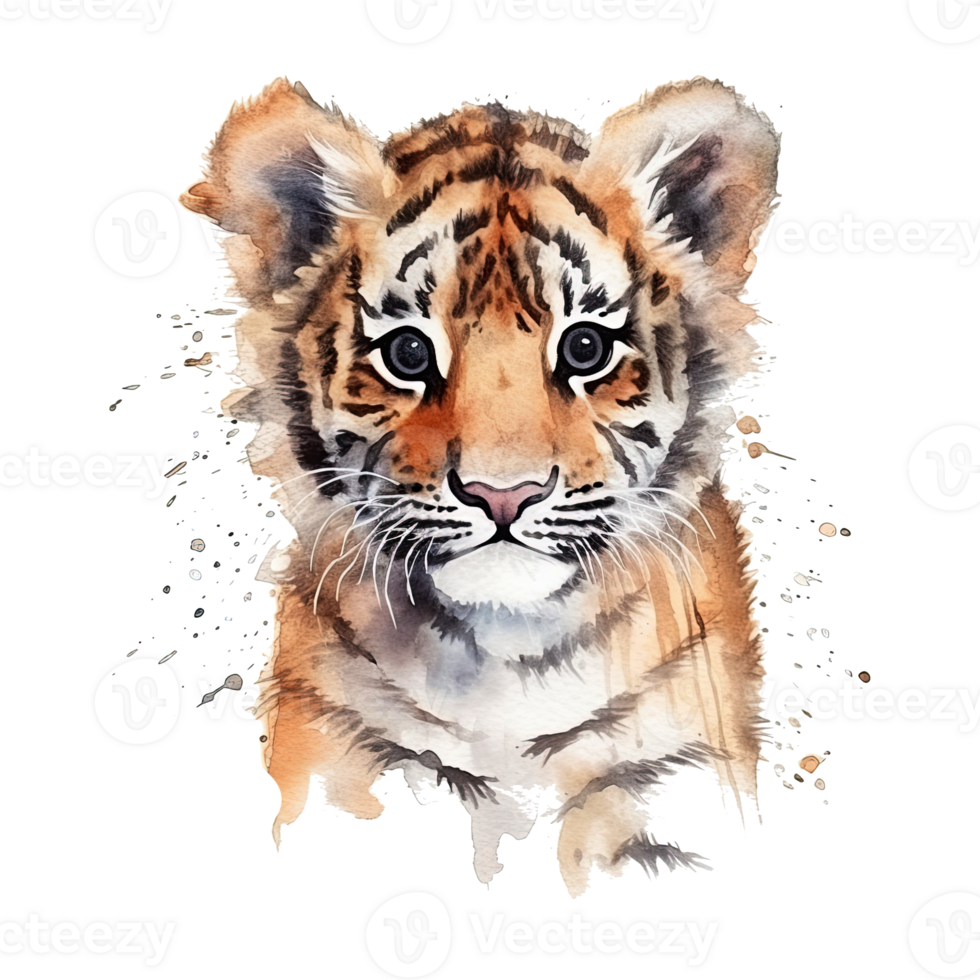 Watercolor little tiger isolated on transparent background. png