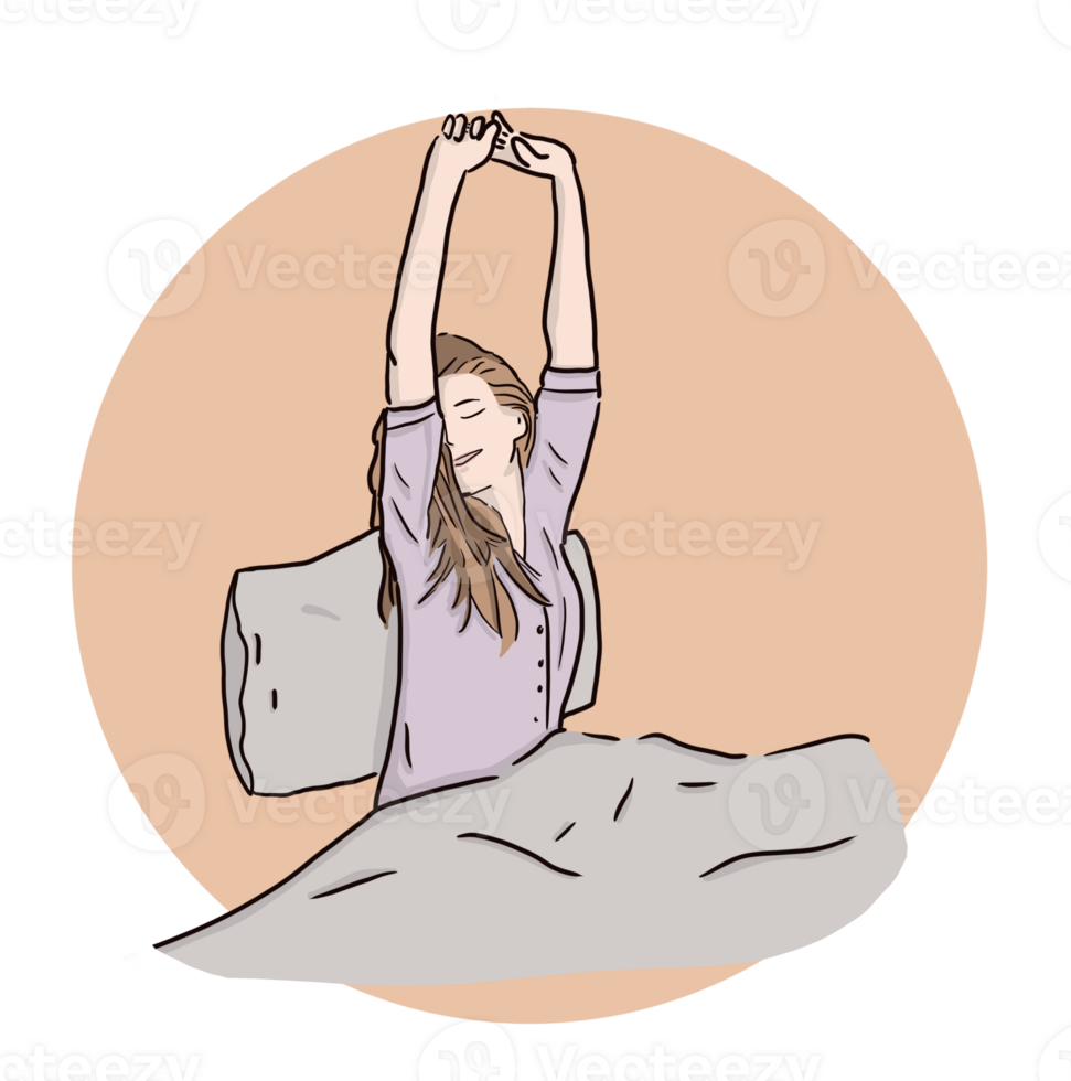 Happy Young smiling woman with eyes closed and  stretching out in bed feeling fresh and relaxed. Drawing illustration. on circle background. png