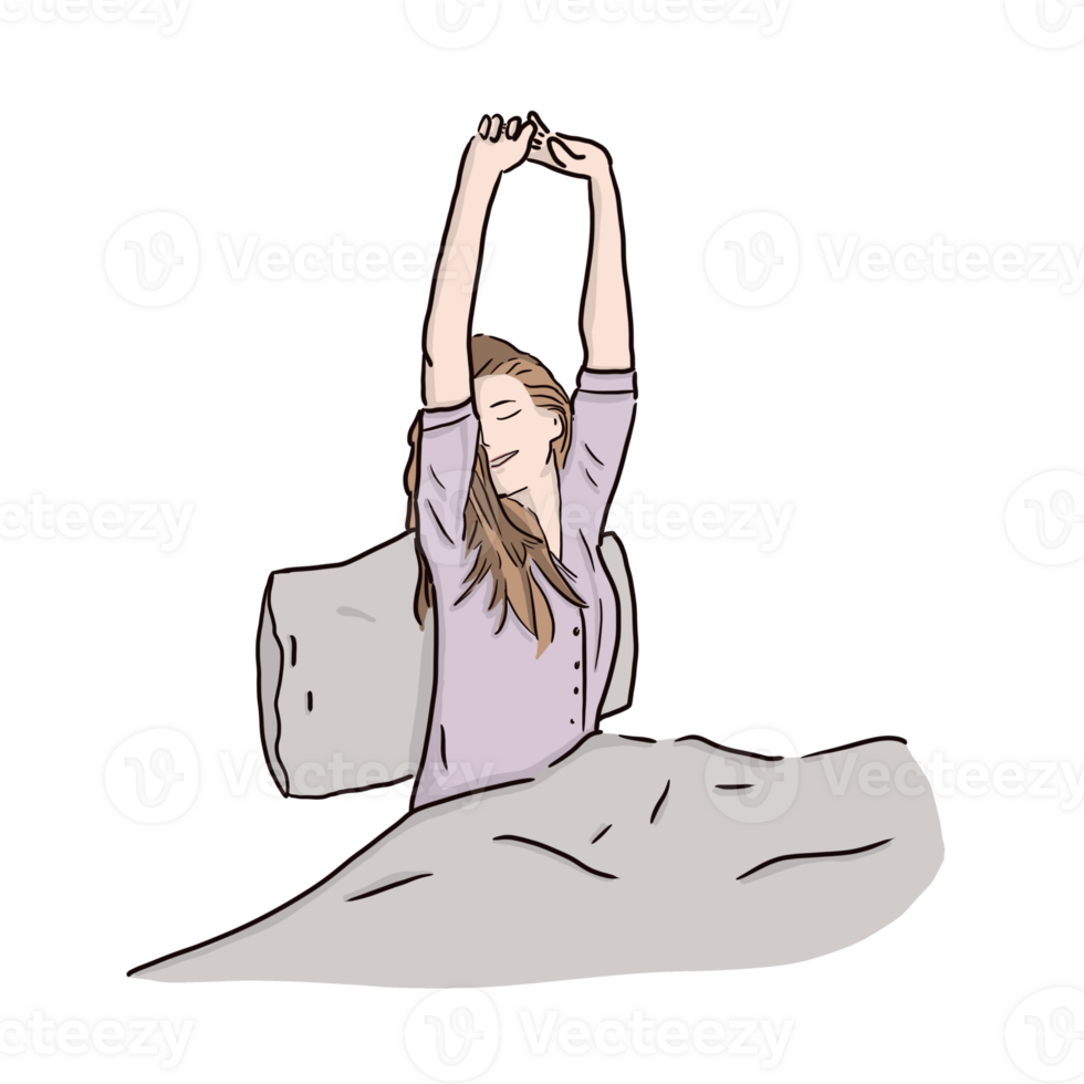 Happy Young smiling woman with eyes closed and  stretching out in bed feeling fresh and relaxed. Drawing illustration. png