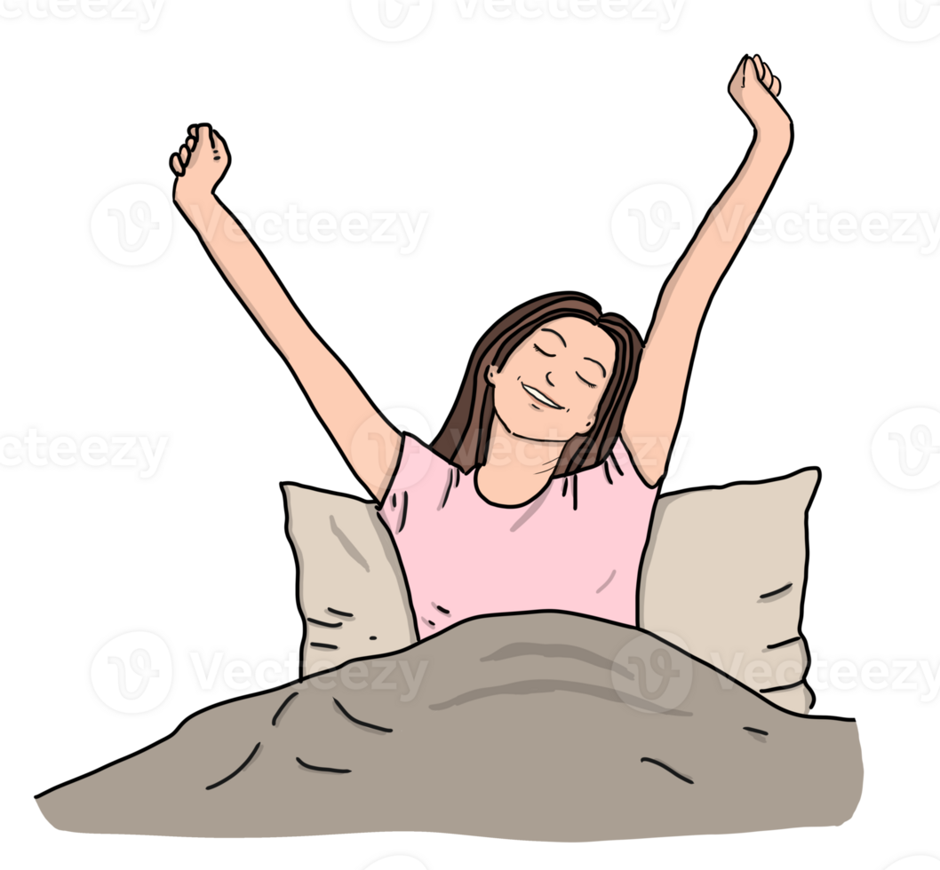 Happy Young smiling woman with eyes closed and  stretching out in bed feeling fresh and relaxed. Drawing illustration. png