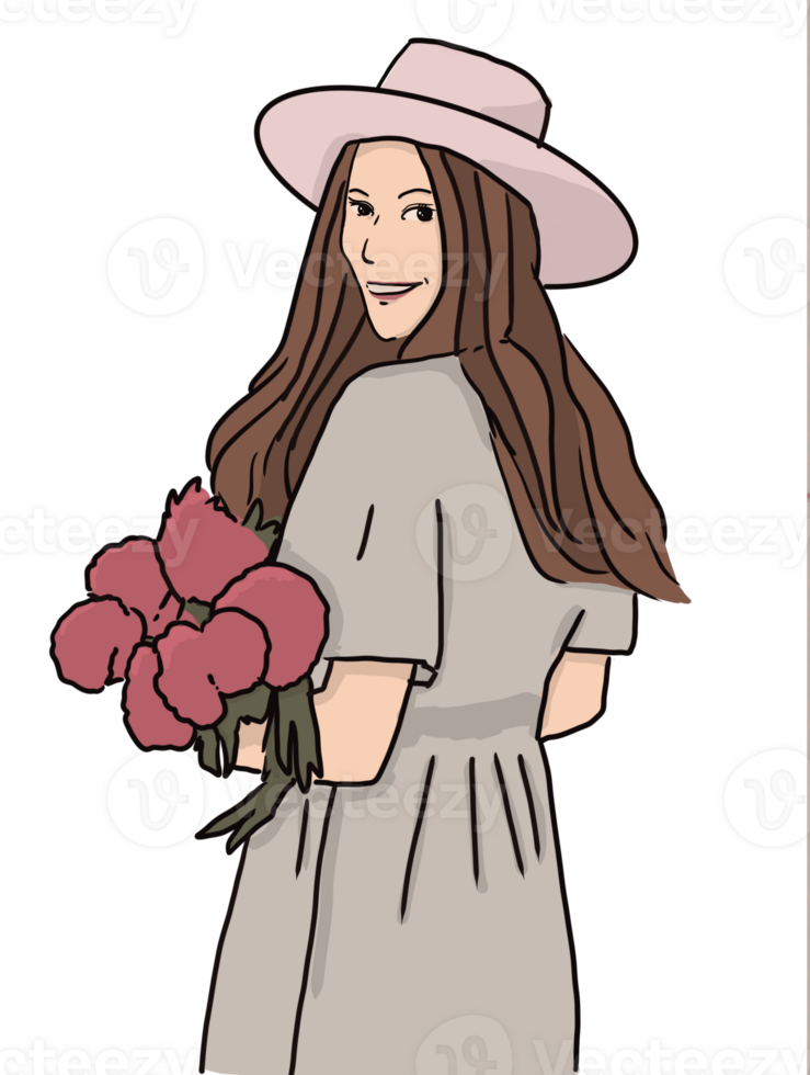 magnifique longue aux cheveux femme portant chapeau et robe en portant fleurs, souriant et à la recherche retour à caméra. dessin illustration. png