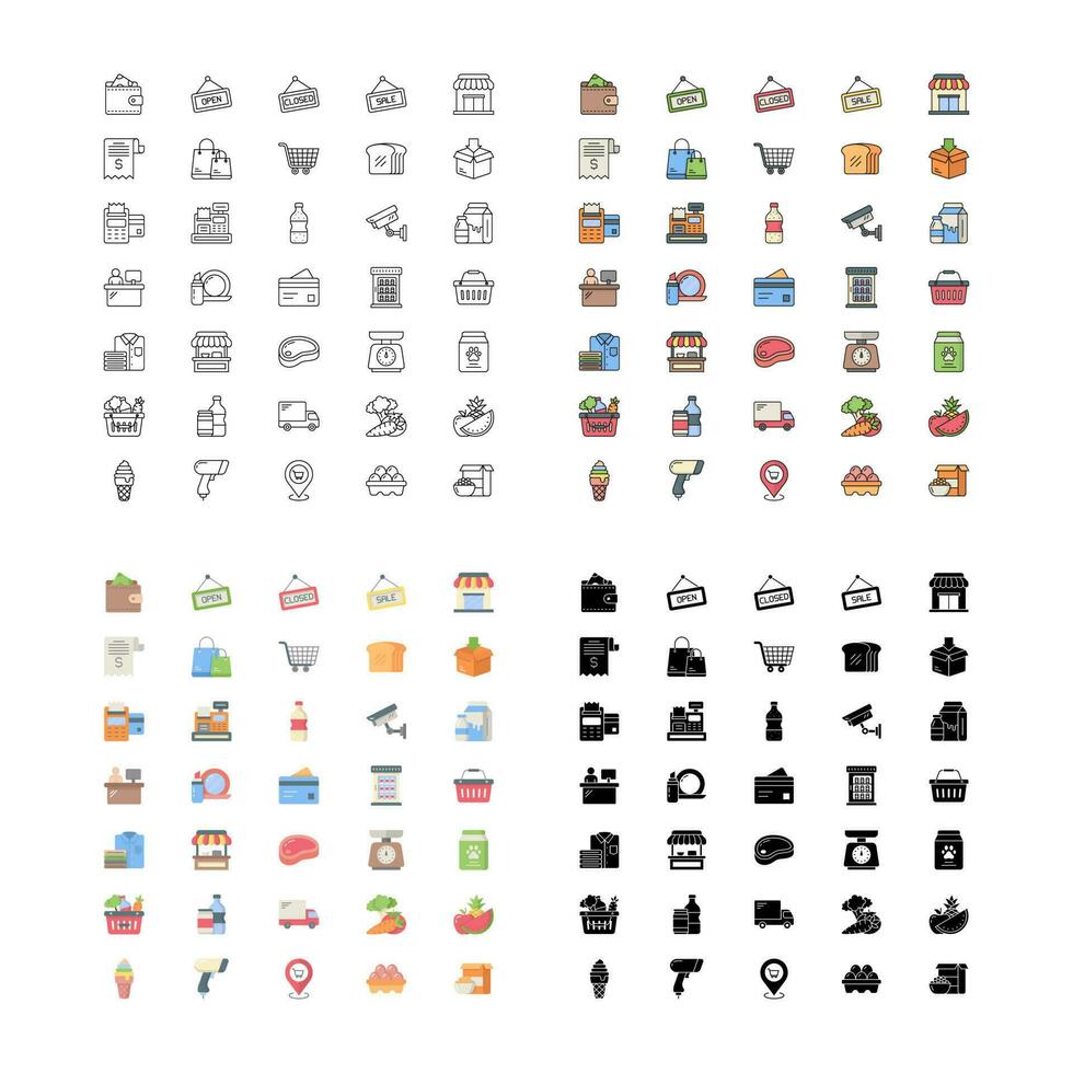 Supermarket Icon Set In 4 Style vector