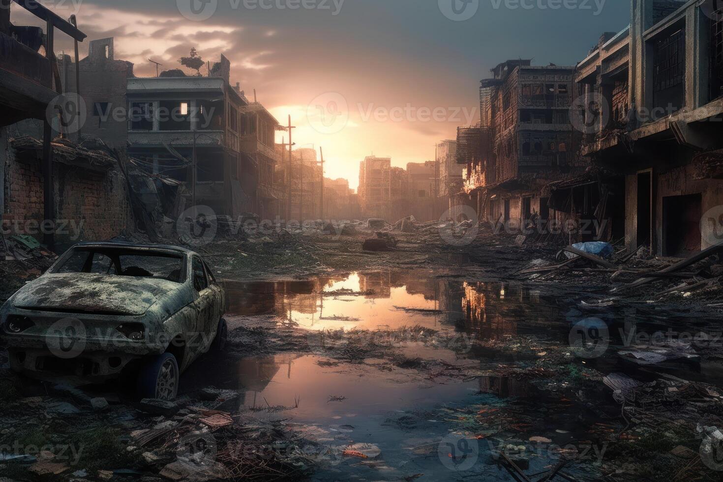 Hyperrealism dark abandoned city dirt trash everywhere background photo