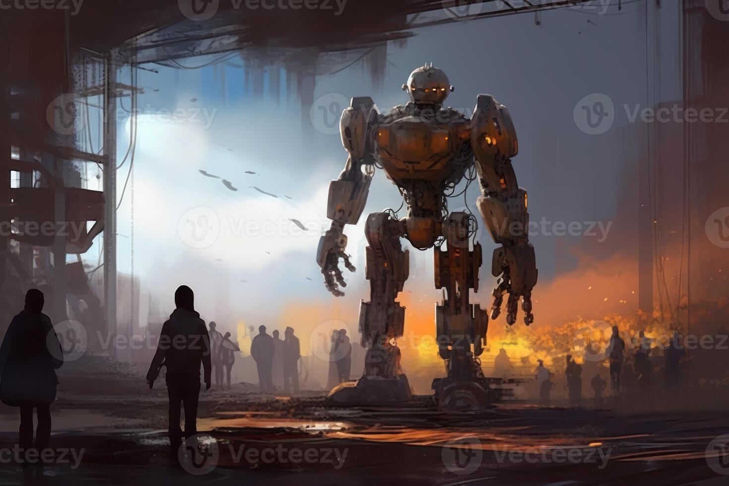 a robot working with humans in the insdustrial background photo