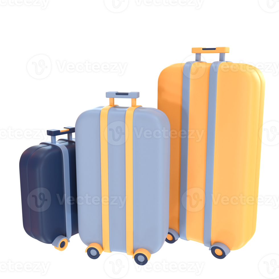 Three colorful suitcases with wheels 3d illustration png