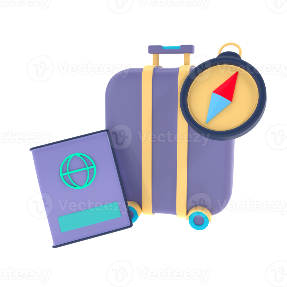 Passport, suitcase and compass 3D illustration png