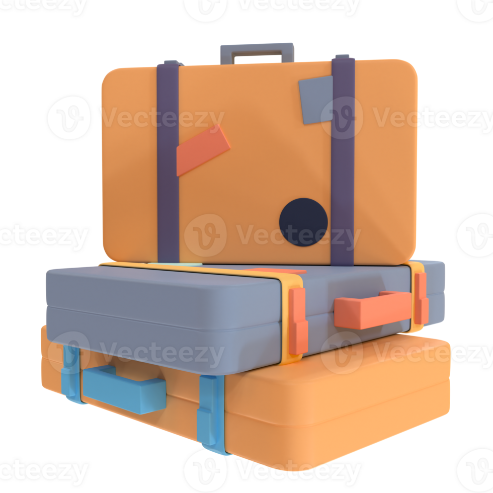 Three colorful suitcases with labels.3d illustration. png