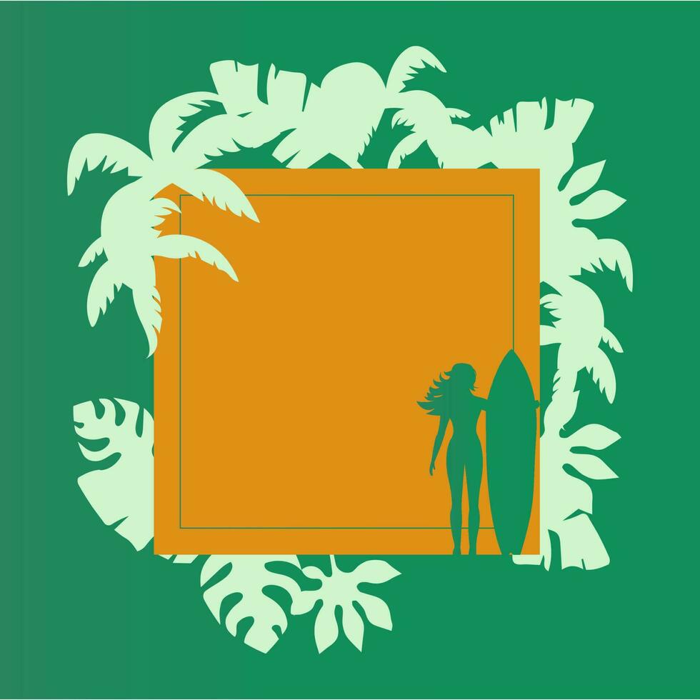 verano antecedentes con tropical palma arboles y niña con tabla de surf. modelo con espacio para texto para playa fiesta invitación, club volantes, menú cubrir, tarjeta. vector ilustración.